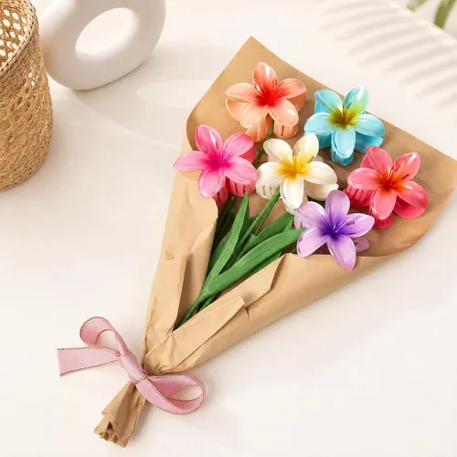 Vista 6 de Paquete de 6 pinzas para el pelo de flores para mujeres, pinzas de hibisco hawaiano, bonitos accesorios para el cabello, regalos para mujeres y niñas