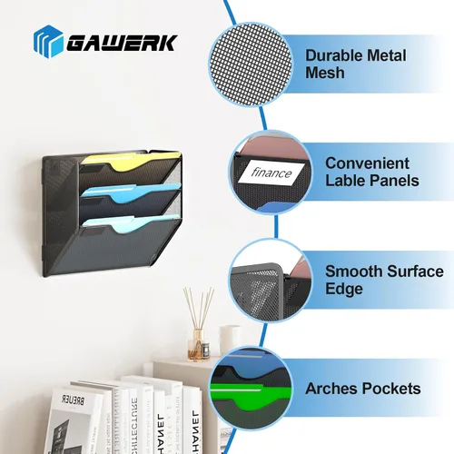 Vista 3 de Gawerk Organizador de archivos de pared colgante de 3 niveles, organizador de papel de correo de malla para colgar carpetas de archivos para oficina
