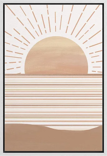 Vista 11 de bestdeal depot Lienzo enmarcado para pared, arte geométrico de sol y montaña, reflejo del mar, naturaleza, ilustraciones de área silvestre, arte