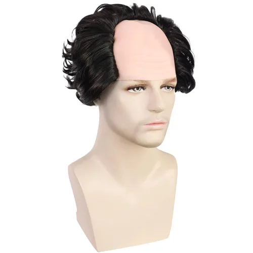 Vista 5 de IMEYLE Peluca corta y rizada negra para hombre, peluca calva loca con pelo en los lados, para niños, anciano, divertida peluca para adultos, peluca