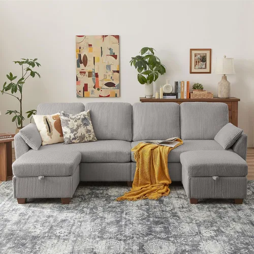 Vista 22 de Sofá en forma de U de 102.3 pulgadas con 2 otomanas móviles y 1 mesa auxiliar, se convierte en sofá cama, incluye 2 almohadas para reposabrazos