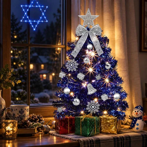 Vista 7 de Timer - 24 Inch/2 FT Blue Tabletop Christmas Tree with Lights 8 Modes Mini árbol de Navidad pequeño, 20 luces blancas cálidas, 20 cajas de Azul