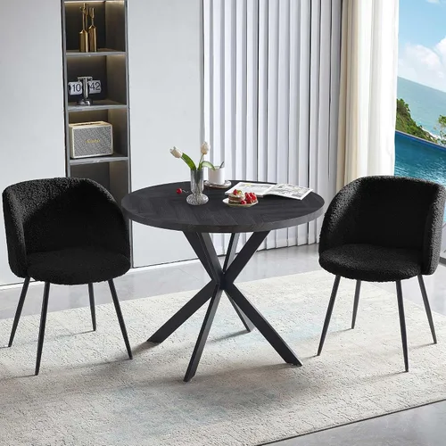 Vista 2 de Homedot Juego de mesa de comedor de cocina de 3 piezas para 2, mesa de comedor redonda negra de 37 pulgadas con brazos de comedor negros, juego