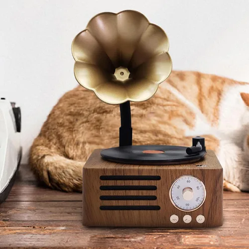 Vista 5 de Altavoz de tocadiscos vintage, tocadiscos portátil de grano de madera, altavoz Bluetooth con bocina de cobre, función de radio FM, diseño compacto
