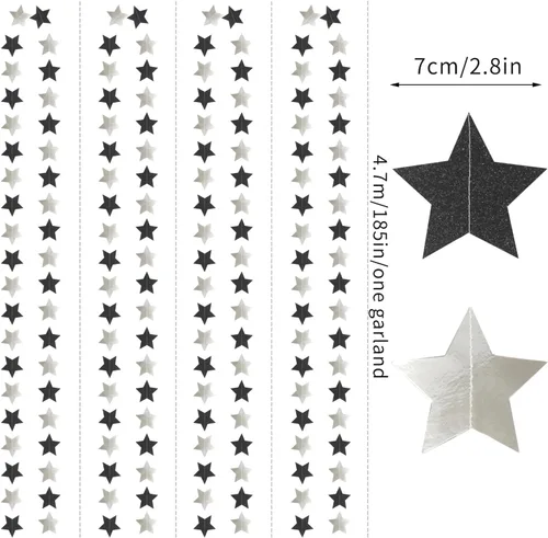 Vista 2 de Guirnalda de decoración de cumpleaños y graduación en negro y plata - 18.9 metros de serpentinas brillantes con purpurina y estrellas colgantes