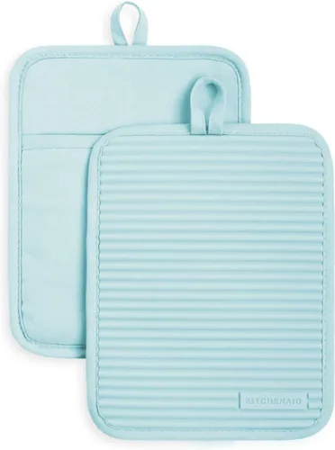 Vista 9 de KitchenAid - Juego de 2 agarraderas de silicona suave y acanalada, impermeables, terciopelo azul