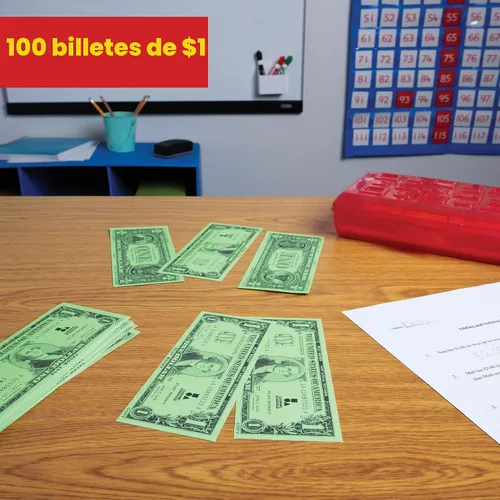 Vista 2 de LEARNING ADVANTAGE Billetes de juego de un dólar, juego de 100, tamaño como efectivo real Dinero de juego para enseñar moneda y contar