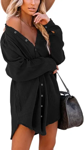 Vista 3 de iGENJUN Womens Long Sleeve Beach Cover-ups Button Down Oversized Tunic Dress Shirt Boho Dresses with Pockets