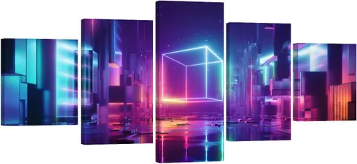 Vista 54 de Lienzo decorativo para pared, diseño de ciudad futurista Cyberpunk para sala de estar, impresión multipanel, obra de arte de cocina, pintura