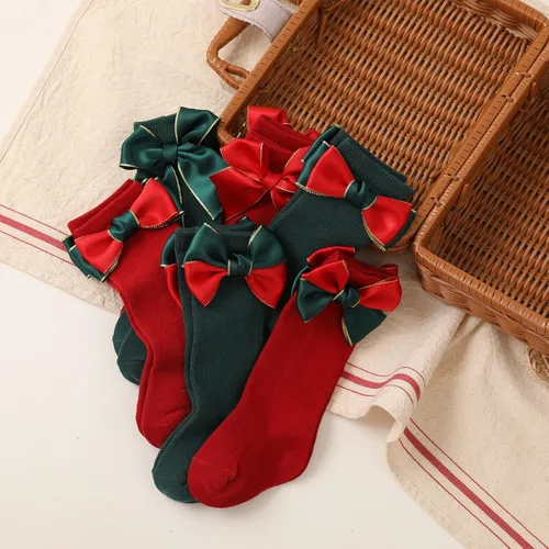Vista 6 de Rarjuiey 2 pares de calcetines de Navidad para bebés y niñas pequeñas, medias de lazo alto hasta la rodilla, calcetines de algodón para recién