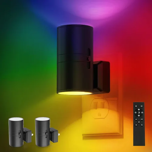 Vista 7 de L LOHAS LED Luz nocturna con control remoto, [paquete de 2] luces nocturnas enchufables a la pared, luz nocturna RGB que cambia de color con sensor