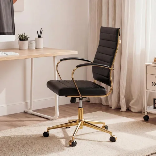 Vista 2 de Okeysen Silla de escritorio de oficina dorada, sillas ergonómicas de cuero modernas para sala de conferencias, silla ejecutiva acanalada ajustable