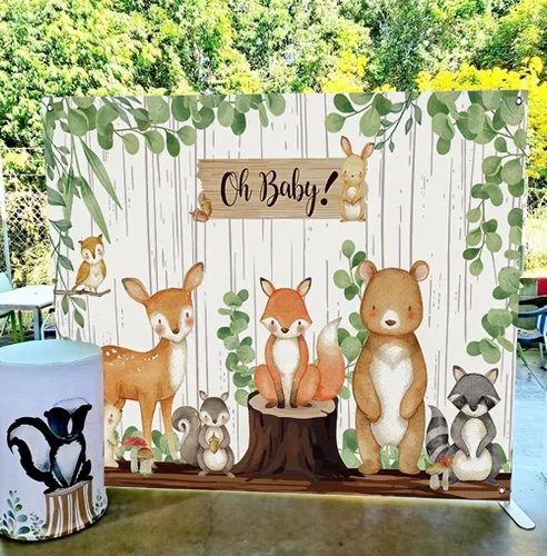 Vista 5 de Pancarta de fondo de baby shower de bosque, decoraciones de baby shower para niños y niñas, tela grande, temática de animales de selva, suministros