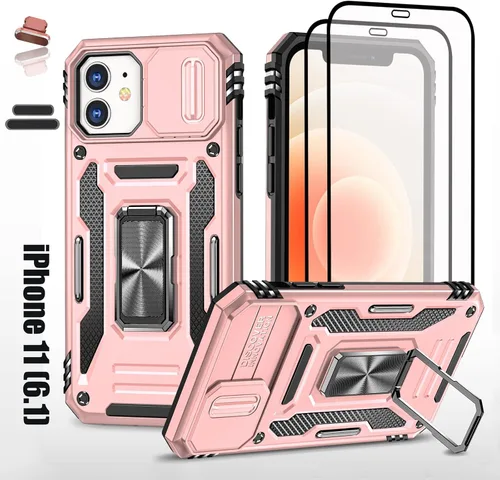 Vista 9 de Funda resistente para Apple iPhone 11, protección híbrida de goma de doble capa de grado militar con protector de cámara deslizante, soporte Azul