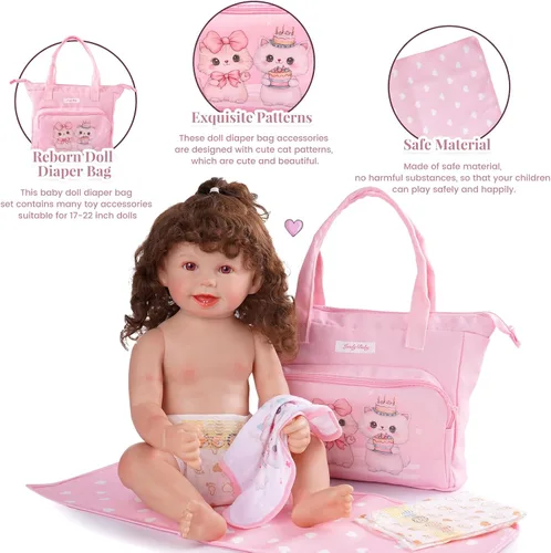 Vista 3 de BABESIDE Juego de 5 Piezas de Bolsa de Pañales para Muñecas de Bebé, Lindos Patrones de Gato, Accesorios para Muñecas de Bebé con Bolsa de Pañales