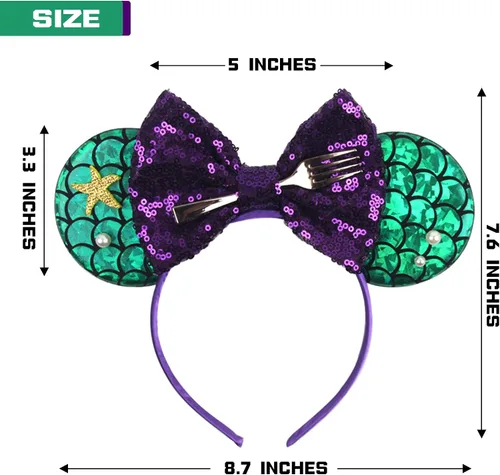 Vista 4 de MADO Diadema de orejas de ratón de sirena para mujeres y niñas, diadema de sirena accesorios de princesa para mujeres, niñas, niños y adultos