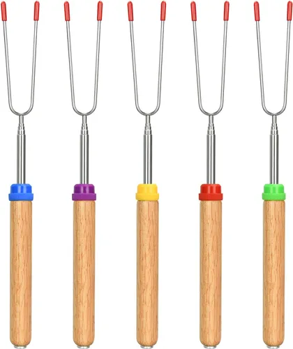 Vista 9 de Juego de 5 palitos para asar malvaviscos, brochetas extensibles de metal de 32 pulgadas de largo con mango de madera, para malvavisco, perros