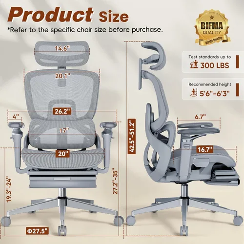 Vista 2 de GABRYLLY Silla de oficina ergonómica de malla con reposapiés, silla de escritorio grande y alta con soporte de respaldo ajustable de 5 niveles