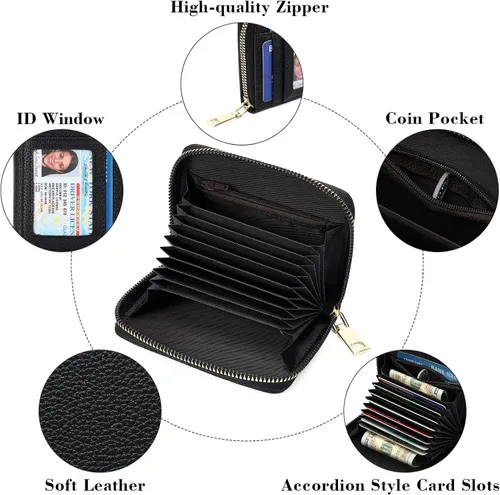 Vista 4 de GAEKEAO Cartera de piel con bloqueo RFID para mujer, pequeño, compacto, con cremallera, tarjetero con ventana de identificación y bolsillo