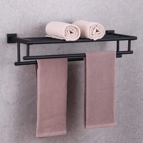 Vista 3 de GERZWY Estante de toalla con doble toallero organizador para baño, 24 pulgadas, acero inoxidable SUS 304, montaje en pared, moderno color negro mate