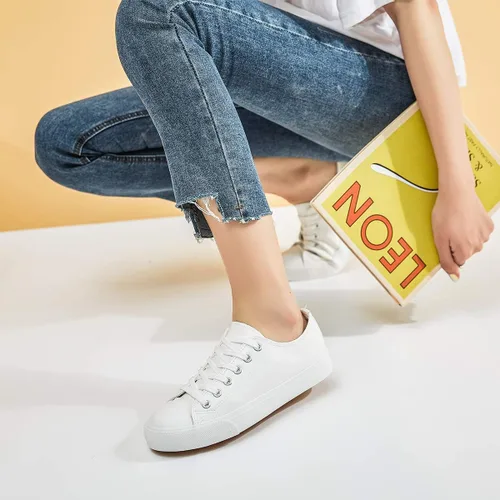 Vista 4 de Zapatos de lona para mujer, zapatos de tenis blancos, zapatos casuales sin cordones, bordados florales, Blanco