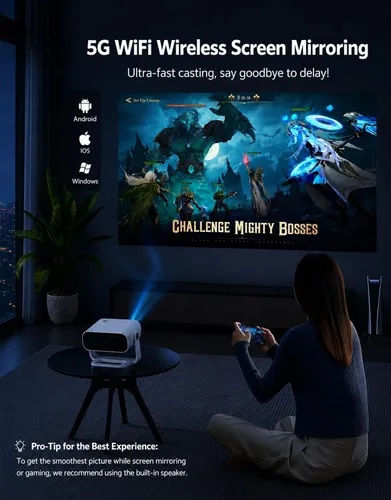 Vista 6 de Projector Mini Smart, with Wifi and Bluetooth, 220 ANSI 1080P HD, Built-in Apps, Portable Outdoor Bedroom Movie Projector, for Phone, Android TV