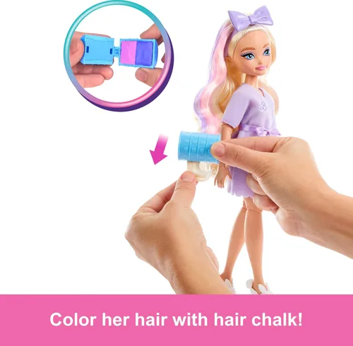Vista 4 de Muñeca de moda Barbie Dream GET Ready Malibu con cabello estilizado, incluye accesorios sorpresa para el cabello y más de 15 looks