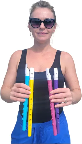Vista 3 de Flautas de plástico de colores surtidos (11 pulgadas) 6 agujeros. Grabadoras de viento musicales, instrumento de sonido para niños, juguete para 24