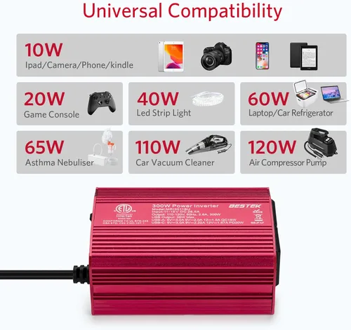 Vista 4 de BESTEK Inversor de corriente de coche de 300 W, con USB-C PD 20W, adaptador de toma de corriente de enchufe de coche de CC 12 V a CA 110 V