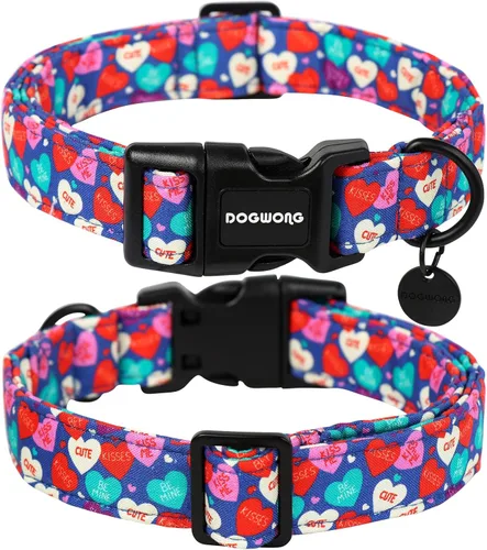 Vista 2 de DOGWONG Collar para perro de San Valentín, collar ajustable de algodón con corazón de caramelo azul, perfecto para perros pequeños a medianos