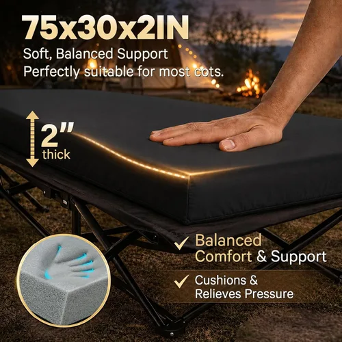 Vista 3 de CYMULA Colchón para Catre de Campamento de 2 pulgadas, Almohadilla para Dormir de Espuma Viscoelástica, Suave, Cálido, Antideslizante, Cubrecolchón