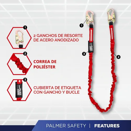 Vista 3 de Palmer Safety ATERET Bundle - Arnés de Seguridad de Cuerpo Completo 1D, Cordón de Seguridad de 6', Correa de Anclaje de 4', Kit de Detención Cumple