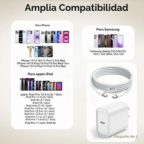 Vista 5 de Paquete de 3 cargadores USB C para iPhone 17 de carga rápida, cargador de pared de puerto tipo C de 20 W con cable trenzado USB C a C, compatible