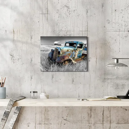 Vista 4 de SunFlax Arte de Lienzo de Pared de Carro Oxidado: Obra de Arte de Camión Azul Viejo Cuadro Rústico de Automóvil Pintura Vintage de Campo Antigua