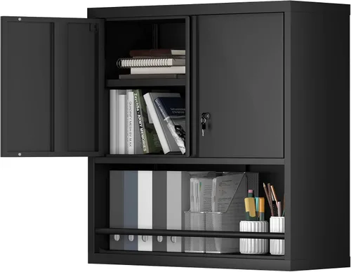 Vista 16 de Gabinete de almacenamiento de metal con cerradura, gabinete de pared de garaje de 12.8" H, almacenamiento de acero con puertas, organización