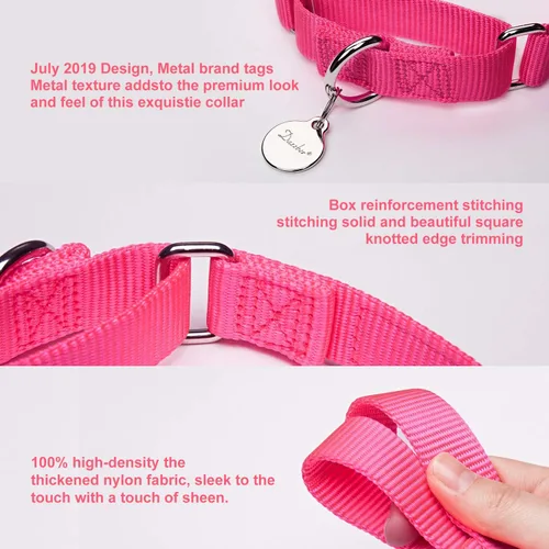 Vista 5 de Martingale collares para perros, ajustable, durable, color sólido, de nylon, Collar para perro grande, mediano y pequeño, por Dazzber, Rosado
