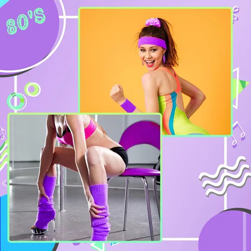 Vista 6 de Accesorios de disfraces de los años 80 y 90 para mujer, diadema de neón de los años 80, aretes, calentadores de piernas, conjunto de traje de fiesta