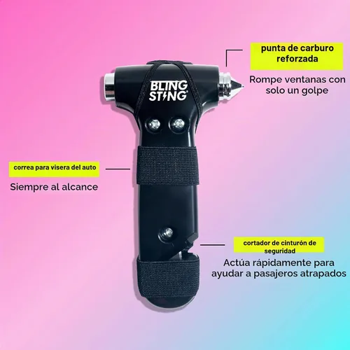 Vista 3 de BLINGSTING Martillo de seguridad – Herramienta de escape automotriz de emergencia con rompeventanas, cortador de cinturón de seguridad y correa Negro