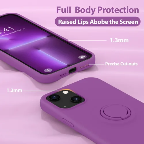 Vista 4 de MOCCA Funda compatible con iPhone 13 de 6.1 pulgadas con soporte de anillo Silicona líquida Forro de microfibra Funda protectora antiarañazos