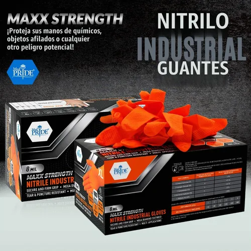 Vista 2 de MED PRIDE Maxx Strength - Guantes industriales de nitrilo naranja, 8 mil de grosor, textura de diamante, desechables, resistentes, resistentes a
