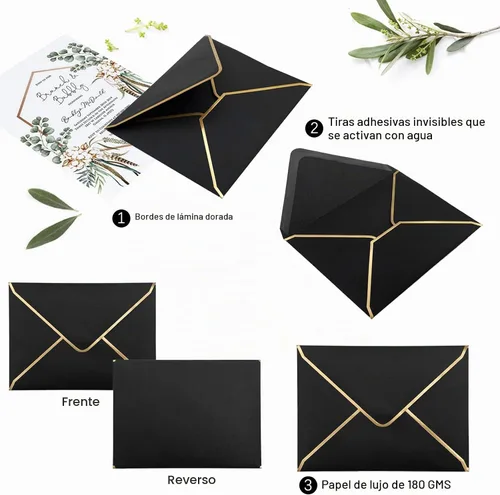 Vista 3 de 50 sobres de invitación de lujo, sobres negros de 5 x 7 pulgadas para boda, graduación