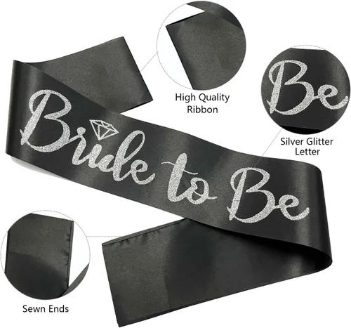 Vista 2 de Bride to Be - Banda de satén negro con letras plateadas con purpurina plateada, banda para despedida de soltera, boda, fiesta, recuerdos