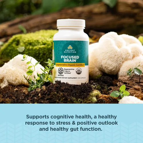 Vista 3 de Ancient Nutrition Cápsulas cerebrales enfocadas certificadas orgánicas regenerativas, hechas con hoja de ginkgo, melena de león para ayudar a
