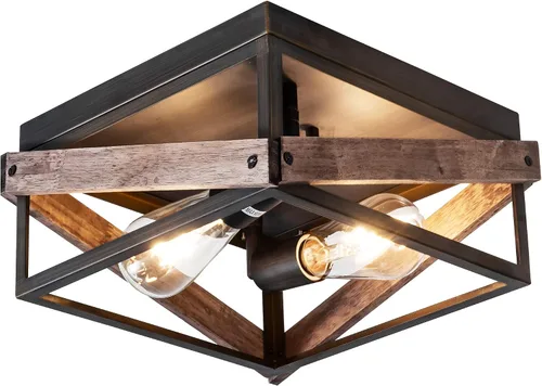 Vista 11 de Lámpara de techo rústica de madera negra de 2 luces Lámparas de metal para pasillo, industriales cerca del techo, para cocina, entrada, vestíbulo