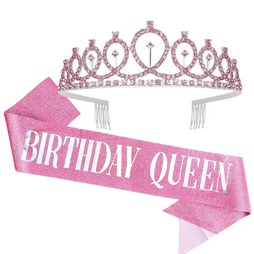 Vista 15 de CAVETEE - Juego de corona y banda de reina de cumpleaños para mujer, banda y tiara de diamantes de imitación, decoraciones de cumpleaños negras Negro