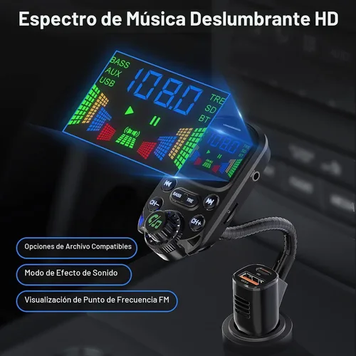 Vista 6 de Transmisor FM Bluetooth 5.3 para coche SOARUN Adaptador Bluetooth para automóvil PD30W y puerto USB, carga rápida, reproductor de agudos y graves