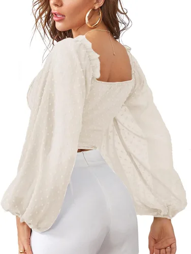 Vista 2 de LYANER Blusa corta de manga larga con cuello cuadrado y lunares suizos para mujer