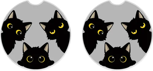 Vista 3 de Lindos portavasos de cerámica para coche con diseño de gatos negros para mujeres/hombres, portavasos para automóvil con muesca de dedo 2.5 pulgadas