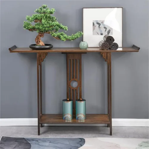 Vista 8 de Gdrasuya10 Mesa de sofá consola de bambú de nogal de 40 pulgadas, mesa de sofá vintage, mesa de consola estrecha y larga, estilo japonés, mesa