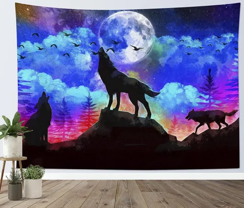 Vista 9 de HVEST Tapiz de lobo, tapiz de bosque psicodélico, tapiz para colgar en la pared, tapices de luna, animales salvajes, decoración de habitación, manta